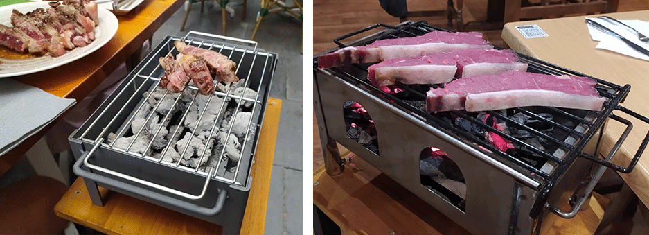 Lomos de bacalao, carne a la brasa, cocina casera...